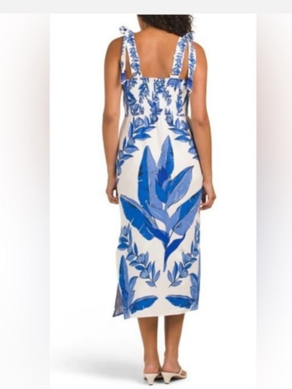 NWT Calypso St. Barth Linen Blend Smocked Back Midi Dress, XL, White & Blue - Picture 2 of 6
